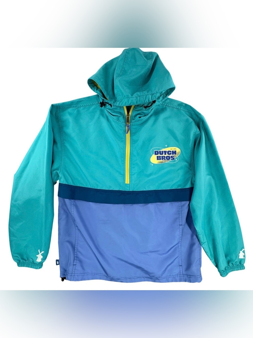 Dutch Bros Coffee Windbreaker Teal Blue Colorblock Quarter Zip Hooded Jacket M